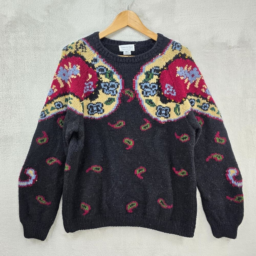 Vintage Roberta Frost Wool Knit Sweater Women Small Black Paisley Floral Cottage - Picture 1 of 7